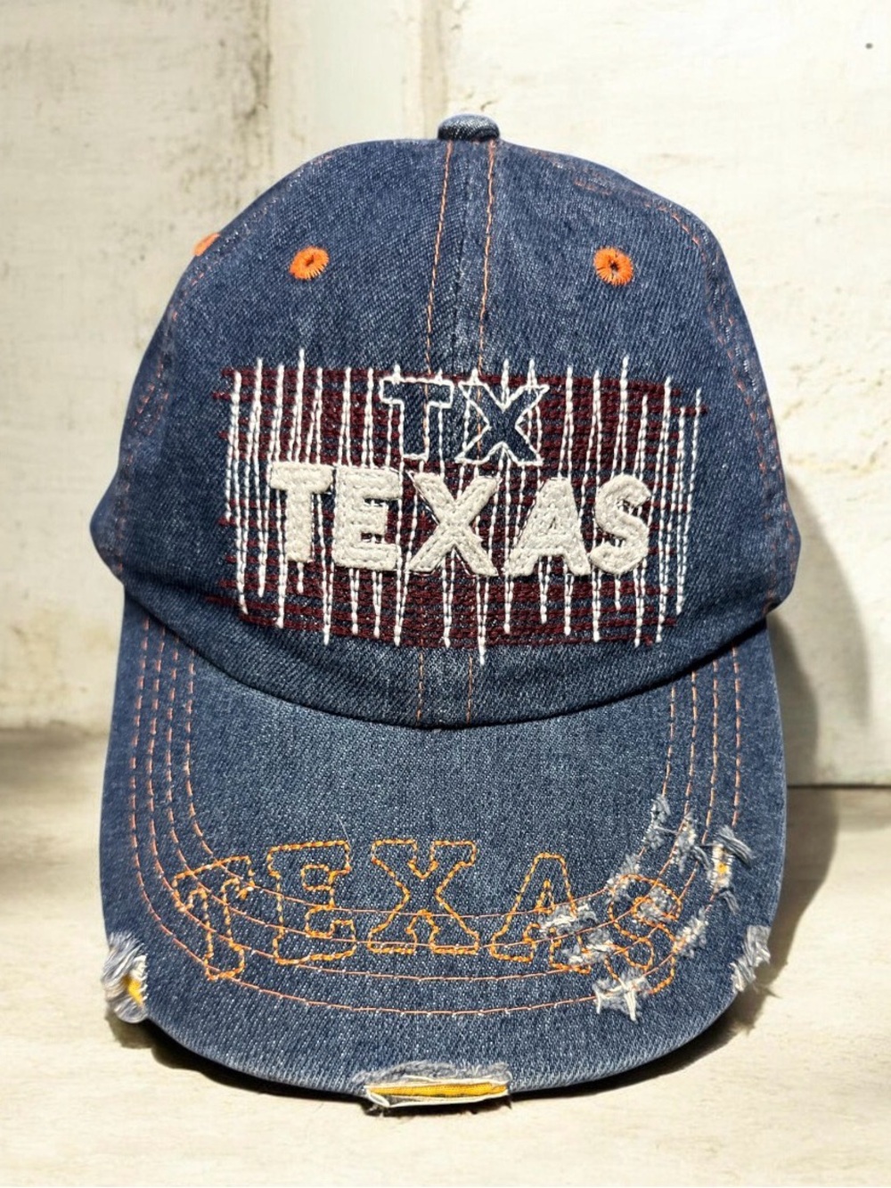 Texas Denim Distressed Baseball Cap Hat Embroidered Plaid Logo Adjustable Blue